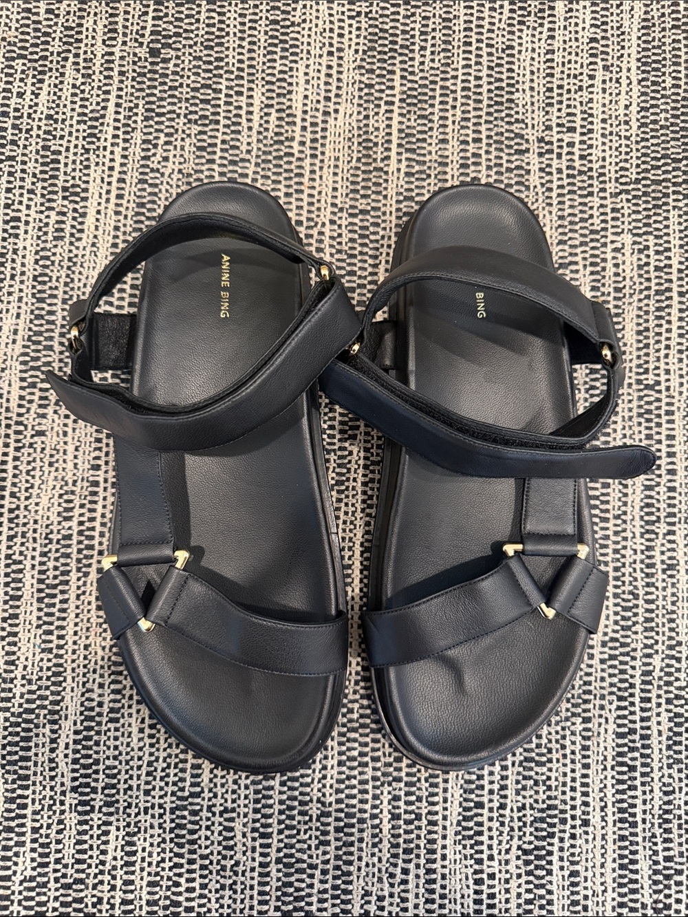 Anine Bing Jess Blacj Leather Strap Sandals with Gold Hardware
